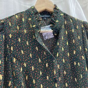 Smak Parlour Blouse XS Green Leopard Print Long Sleeve Ruffle Neck Button Up Top